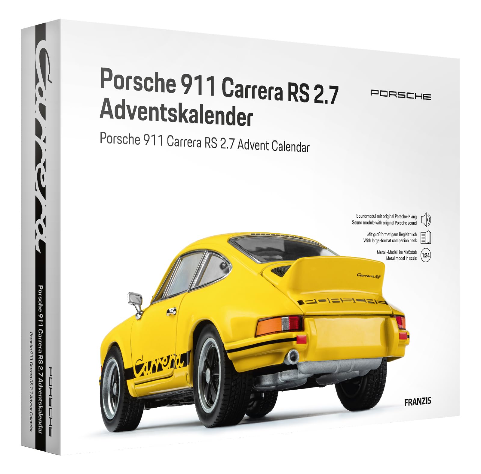 FRANZIS 67273 - Porsche 911 Carrera RS 2.7 Adventskalender - Modellbausatz im Maßstab 1:24, inkl. Soundbasis und 52-seitigem Begleitbuch