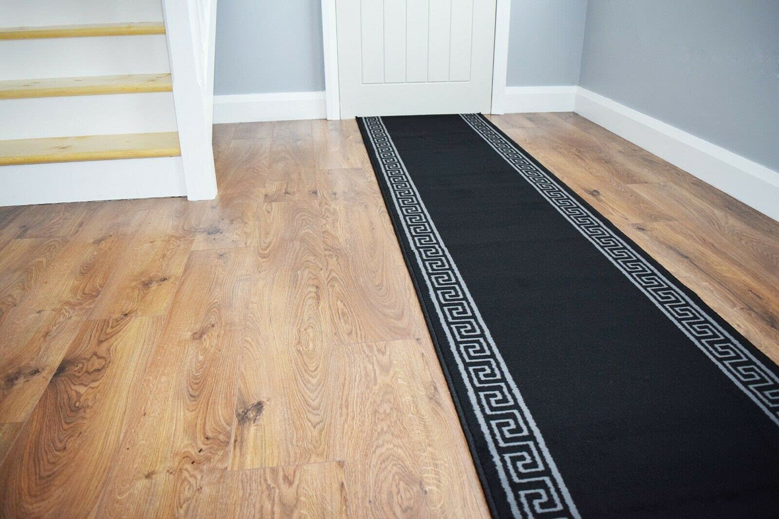 SrS Rugs® Luna Collection, Modern Long Carpet Runner Rug for Entrance Hall and Stairs. Smooth Soft 8mm Depth Pile. 70cm Wide. Any length (Greek Key Black, Length: 9' (274cm)) — image 1