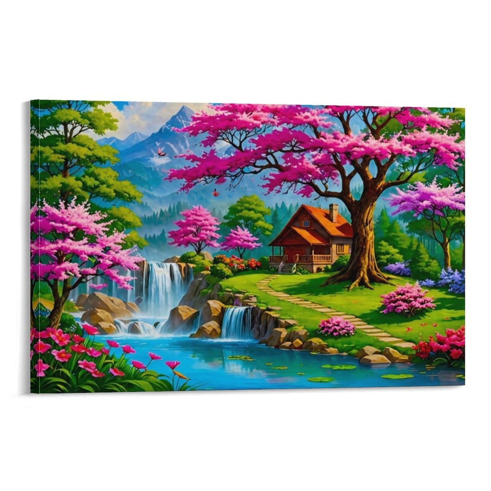 CPLVKWRQJ Spring Cottage Scene 1 Piece Cottage Waterfall Pink Blossom Mountain Landscape Framed Canvas Print - Living Room Focal Point Ready to Hang Gallery Wall Decor 20x30inch(50x75cm)