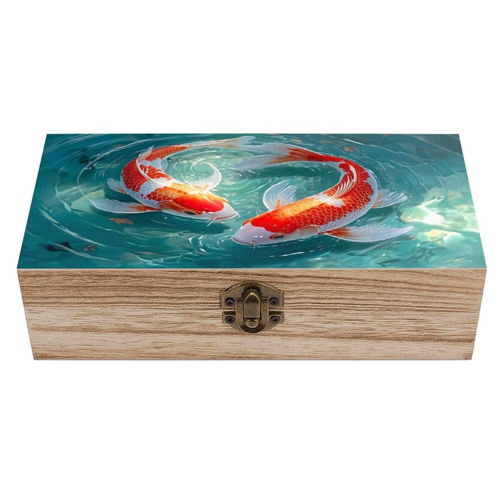 SMAZDFXX Koi Fish Water Wooden Keepsake Box Vintage Solid Wood with Hinged Lid 7.9"×3.7"×2.3" Metal Latch Rustic Home Decor for Jewelry Photos And Trinkets