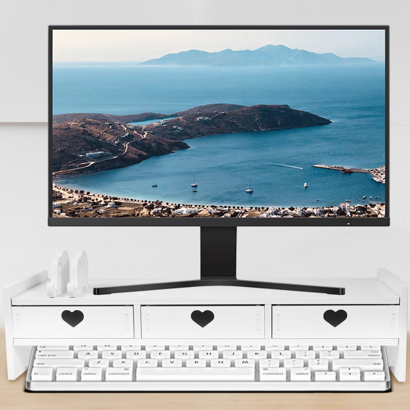 Supporto per Monitor Base Ergonomica e Cassetti da Scrivania, Rialzo in PVC e Legno-Plastica Bianco, Organizer Integrato per Computer, Adatto a Uffici e Smart Working