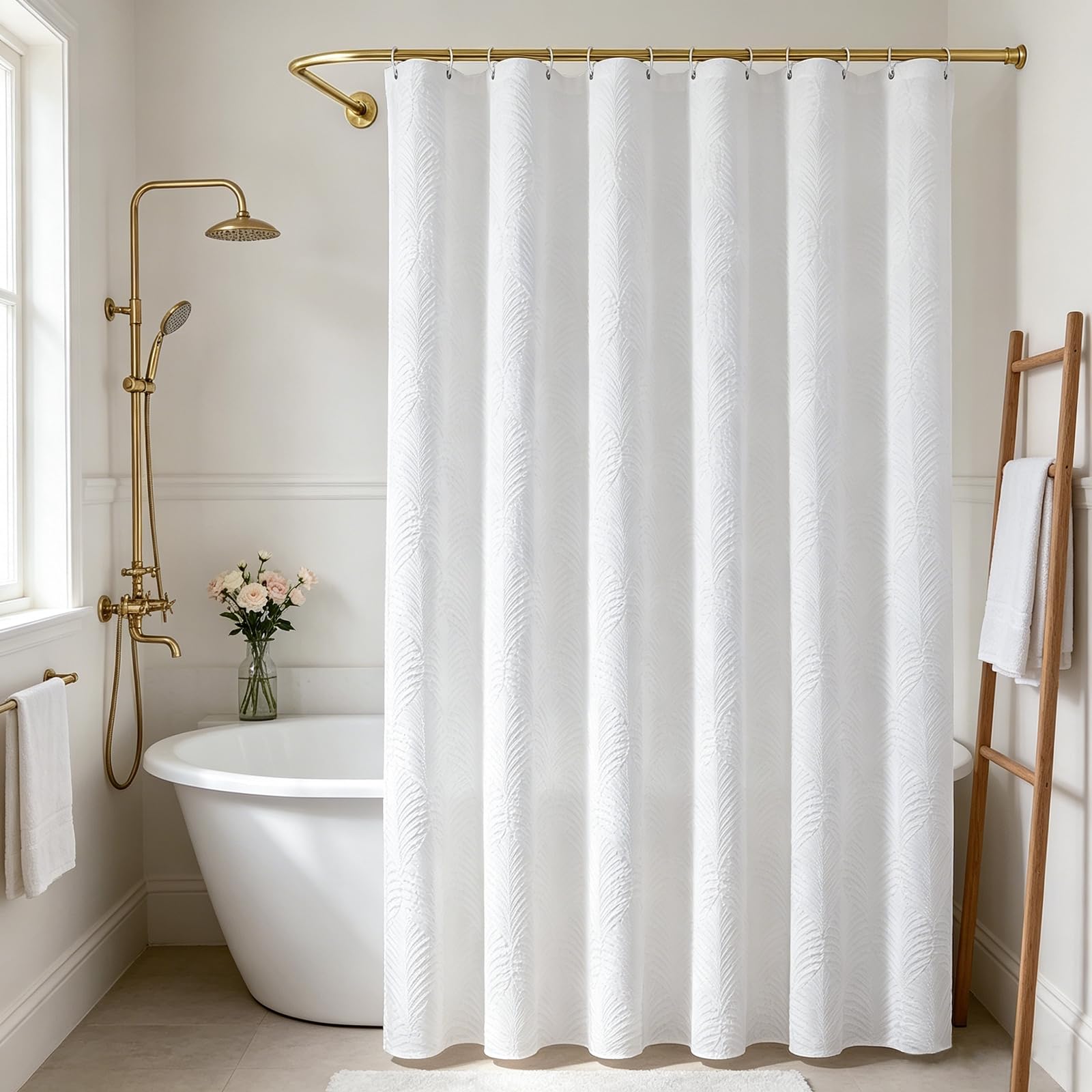 White Shower Curtain 120 cm x 200 cm for Small Bathroom - Thick Fabric Shower Curtains with Hooks & Weighted Hem, Waterproof Anti-Cling Narrow Bath Curtain