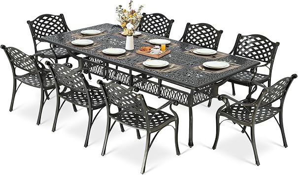 MEETWARM 9-Piece Outdoor Patio Dining Set for 8, All Weather Cast Aluminum Patio Funiture Table and Chairs Set- 94.5 Rectangular Table with 2" Umbrella Hole and 8 Chairs for Garden, Dark Bronze