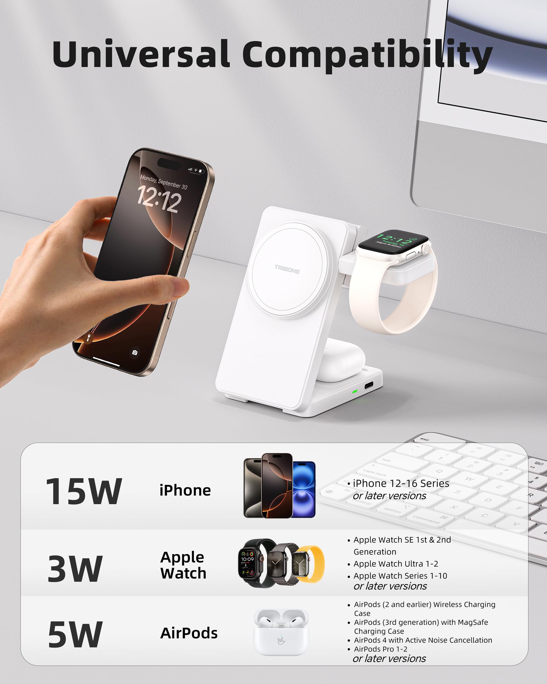 3 in 1 Charging Station for iPhone 16/15/14/13/12 Series, Wireless Charger for Apple Watch?Travel Magnetic Charging Stand for AirPods (White)