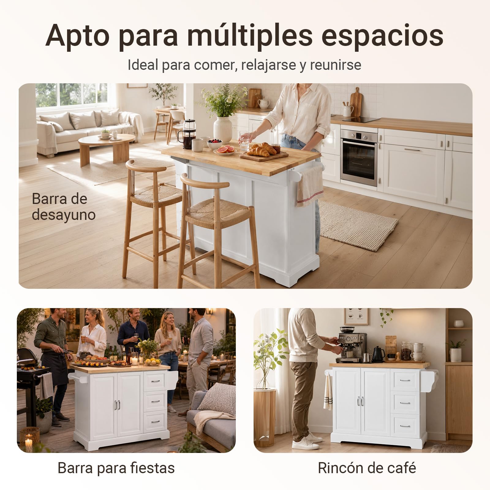 SoBuy Isla Cocina con encimera de Madera Maciza Extensible Carrito de Cocina con Ruedas Mueble de Cocina con 3 cajones Blanco 130x91x(46-71) cm FKW41-II-WN
