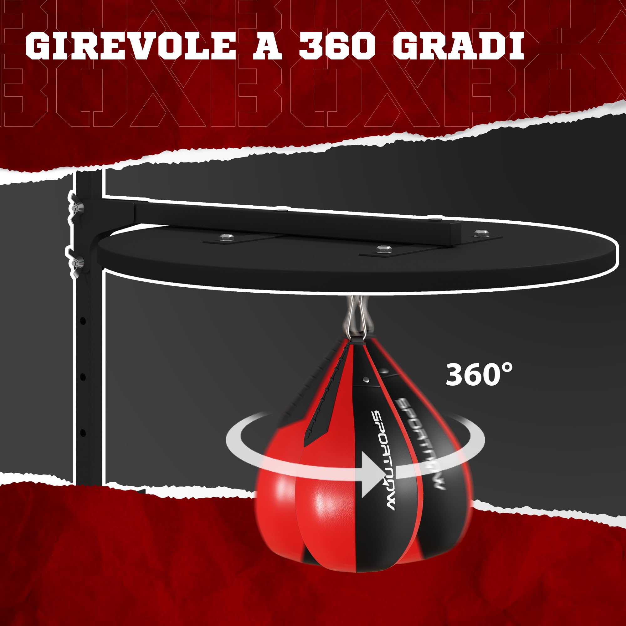SPORTNOW Punching Ball a Muro, Speed Bag Girevole a 360° e Regolabile su 7 Livelli di Altezza, Palla da Boxe con Pompa Inclusa, per Casa, Palestra, Allenamento, Nero e Rosso