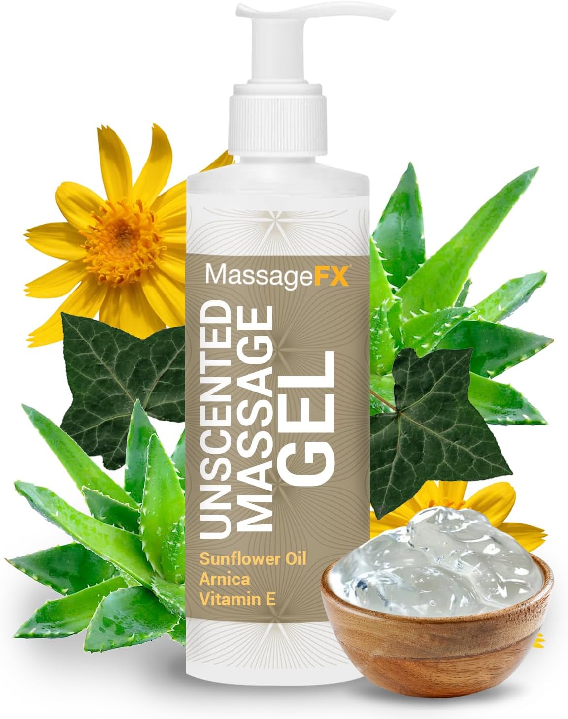 Massage Gel by Massage FX - 100% Pure Jojoba & Sunflower Seed Oil - Herbal Extracts Ivy, Arnica & Aloe - Unscented - Max Workability & Glide - Perfect for Full Body Massages - Paraben Free - 8 Ounce