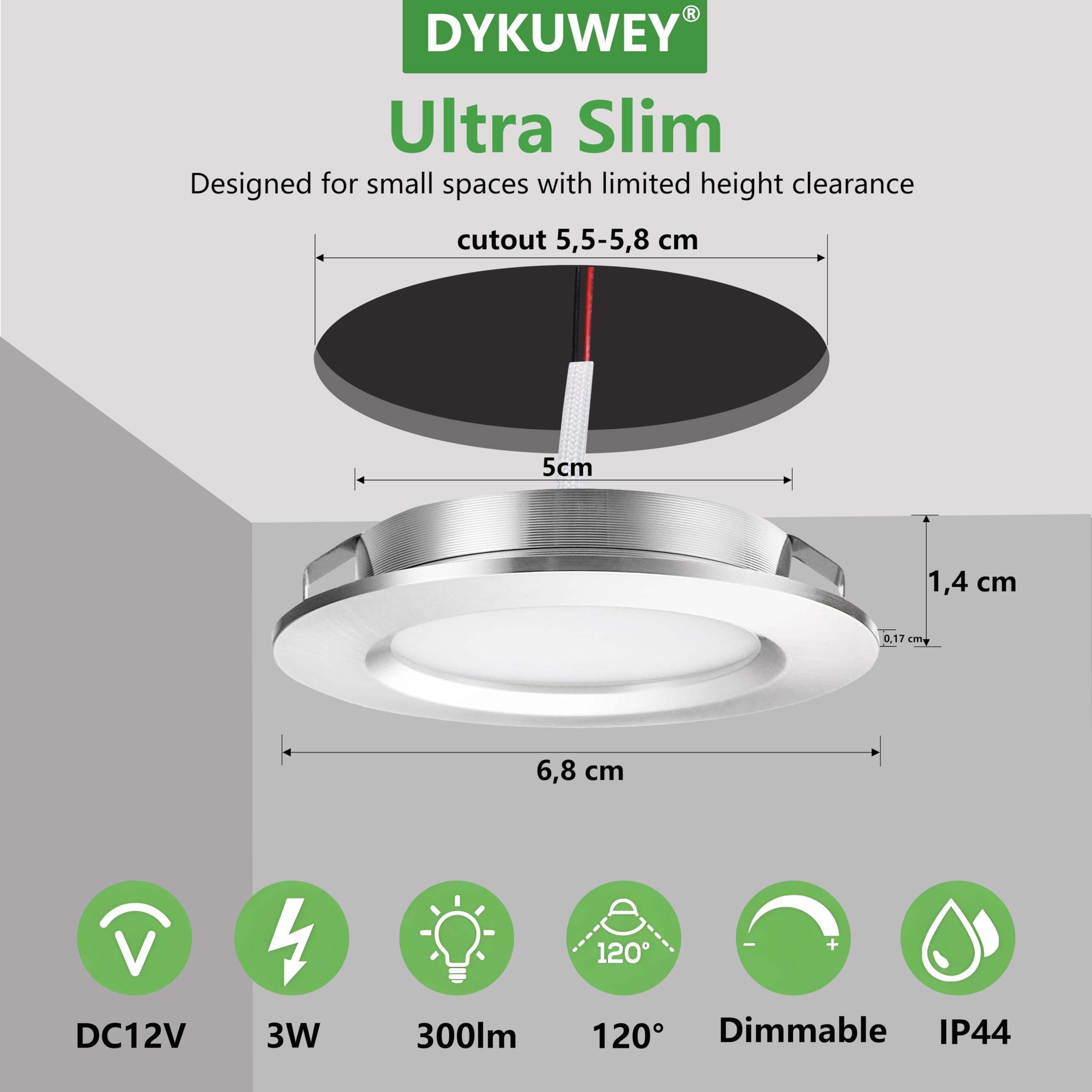 4er Set LED Einbaustrahler 12V 3W, einbaustrahler LED flach Bohrloch 55-58mm und 14mm Flache,Led Spot 12V IP44 Dimmbar Deckenspot,Möbeleinbauleuchte Einbauspots (Silber Warmweiß 3000K)
