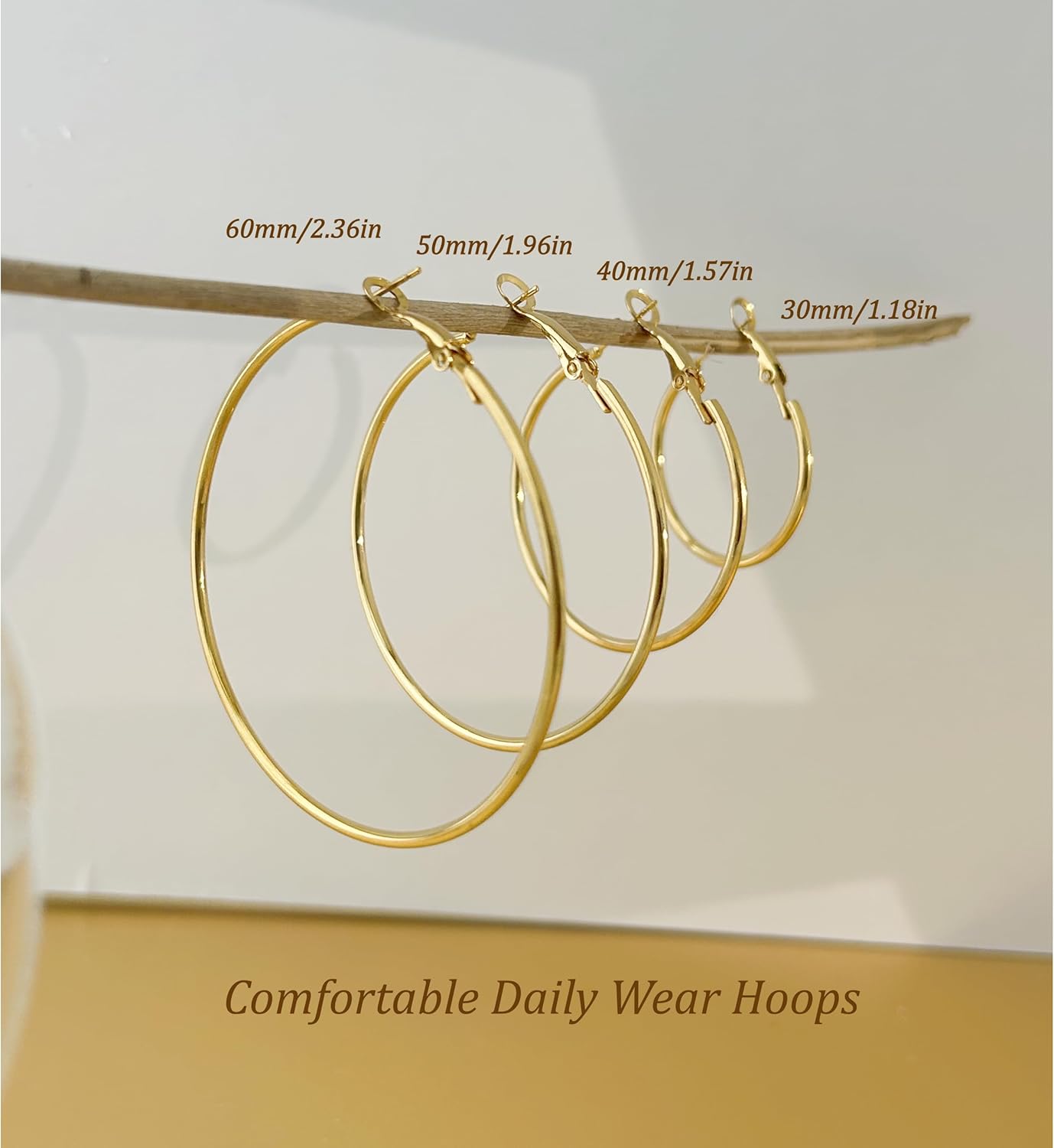 Hypoallergenic Gold Surgical Steel Hoop Earrings for Women, Lightweight 18K Gold Plated Hoop Earrings, Minimalist Thin Hoops Earring Non Tarnish, Classic Hoops Everyday Wear 30/40/50/60mm - Image 6