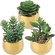 Briful 3 PCS Artificial Plants Fake Succulent Plants Artificial Succulents in Geometric Gold Ceramic Pots, Fake Succulent Indoor Plants for Home Office Bathroom Shelf Decor
