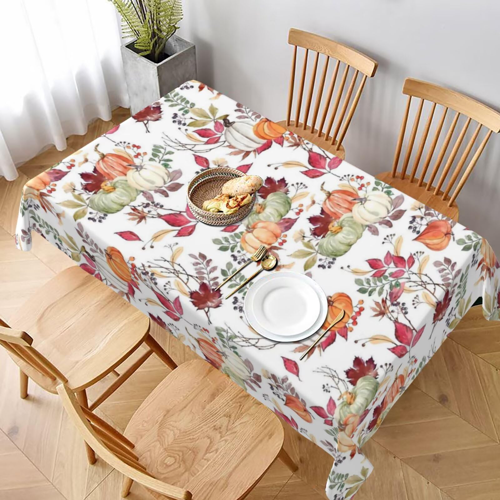 Sunshineyan Fall Tablecloth 60 x 84 Inch Rectangle, Pumpkin Maple Leaf Flower Decorative Tablecloths Stain Resistance Polyester Autumn Thanksgiving