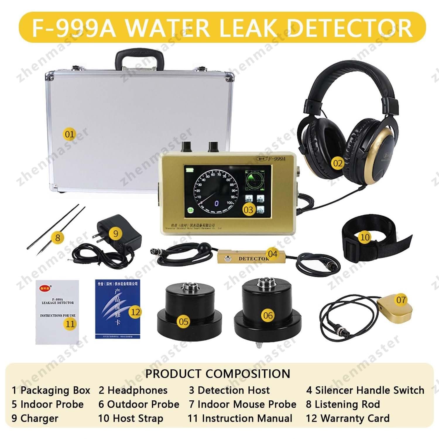 Geofono Avanzato F999A, Rilevatore Perdite d’Acqua Professionale, Frequenza Regolabile, Profondità 13ft, Alta Sensibilità, Cuffie Antirumore, Kit Completo per Tubi e Impianti Idraulici