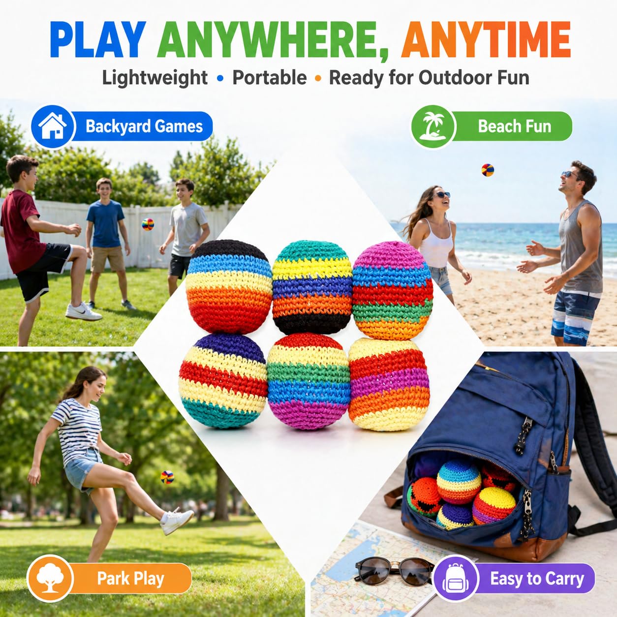 6PCS Hand-Made Knitted Hacky Sack, 2026 Upgraded Assorted Foot Bag Crochet Hacky Sacks for Adults, Juggling Balls for Beginners, Multicolored Geometric Pattern, Ready-to-Use Hacky Sacks (6pcs) — view 6