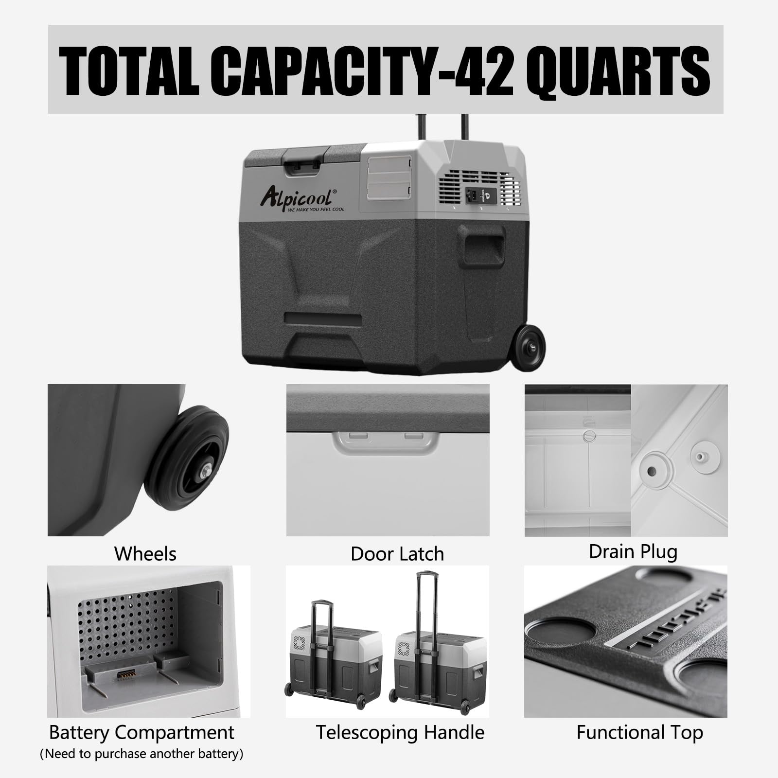 Alpicool ECX40 - Frigorifero portatile con compressore da 40 litri, 12 V, frigorifero elettrico per auto, per campeggio, con presa USB, asta telescopica e ruote, ricaricabile (batteria non inclusa)