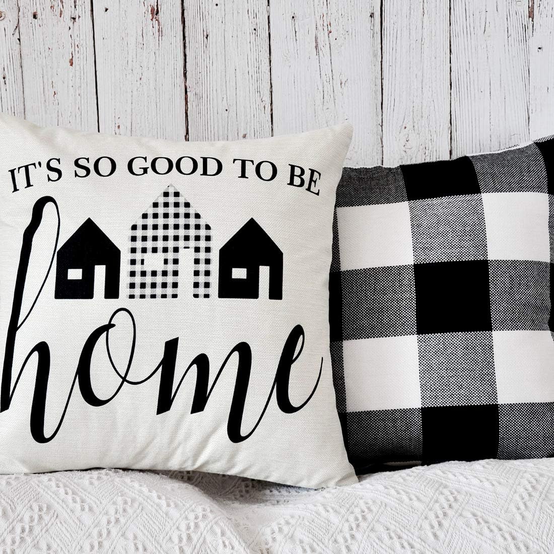PANDICORN Set of 2 Farmhouse Pillows Covers for Home Décor, Black Buffalo Plaid Check Throw Pillow Cases with Quote It's So Good to Be Home, 18 x 18 Inch