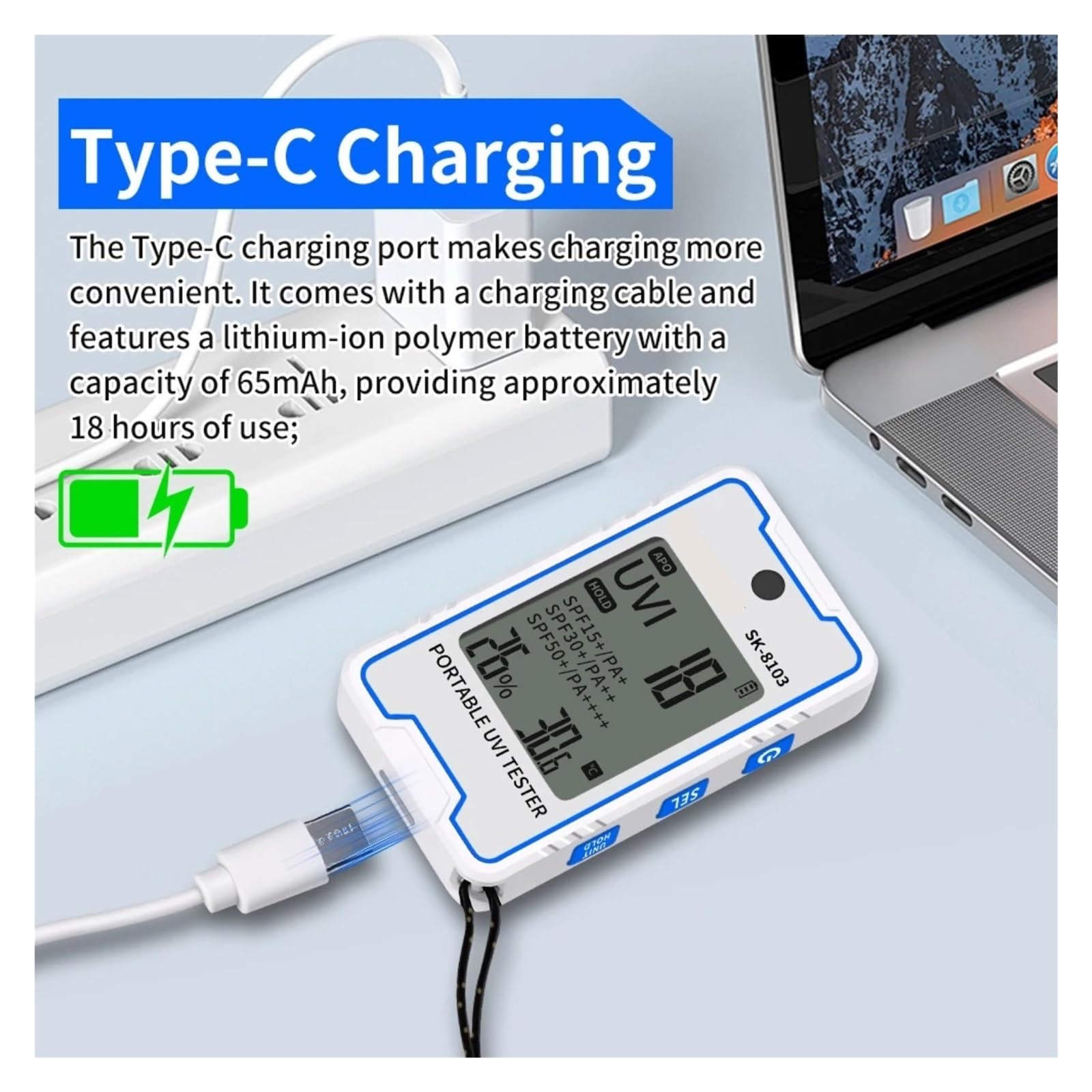 Posemètre, SK8103 Mini testeur UV numérique, Compteur Portable Rechargeable USB-C