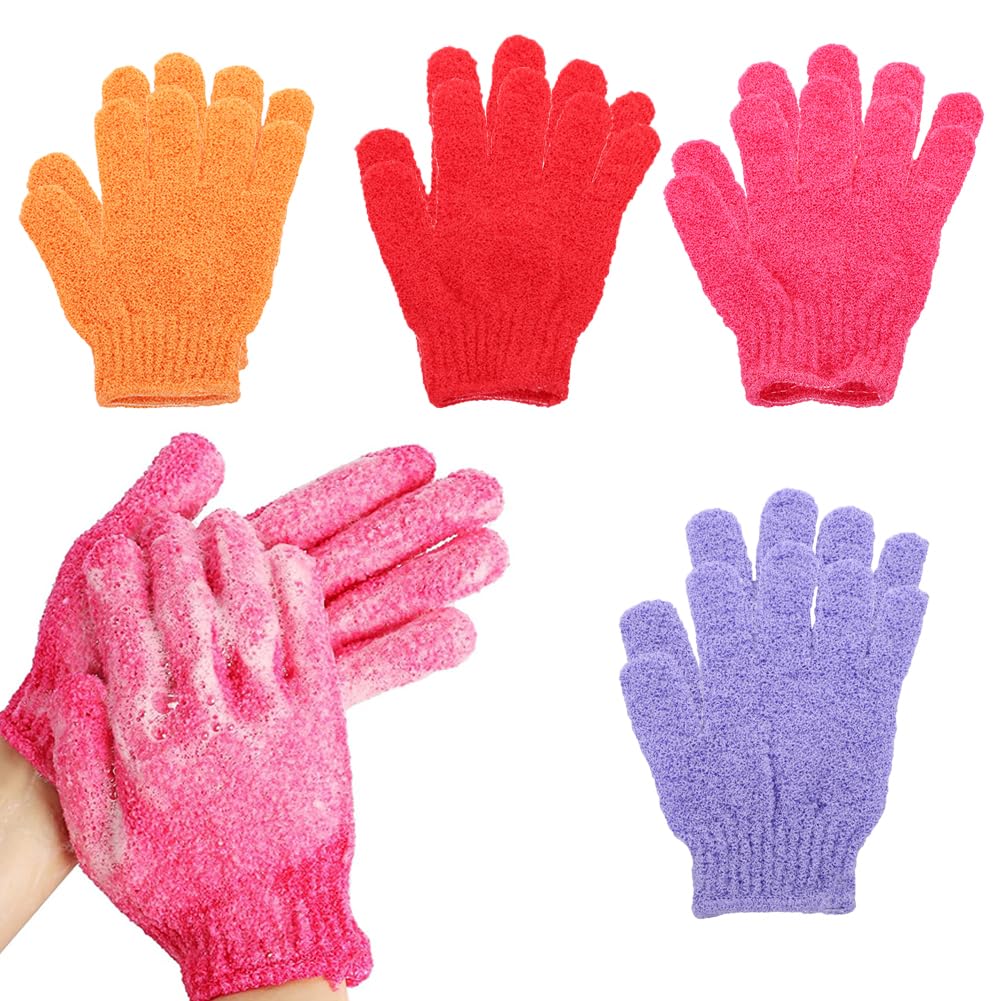 4 Pares Guantes de Baño Exfoliantes, Guante Exfoliante Corporal Ducha, Guantes de Baño con Diseño de 5 Dedos, Manoplas De Baño De Microfibra para el Cuerpo del Vello Encarnado(4 Colores) B