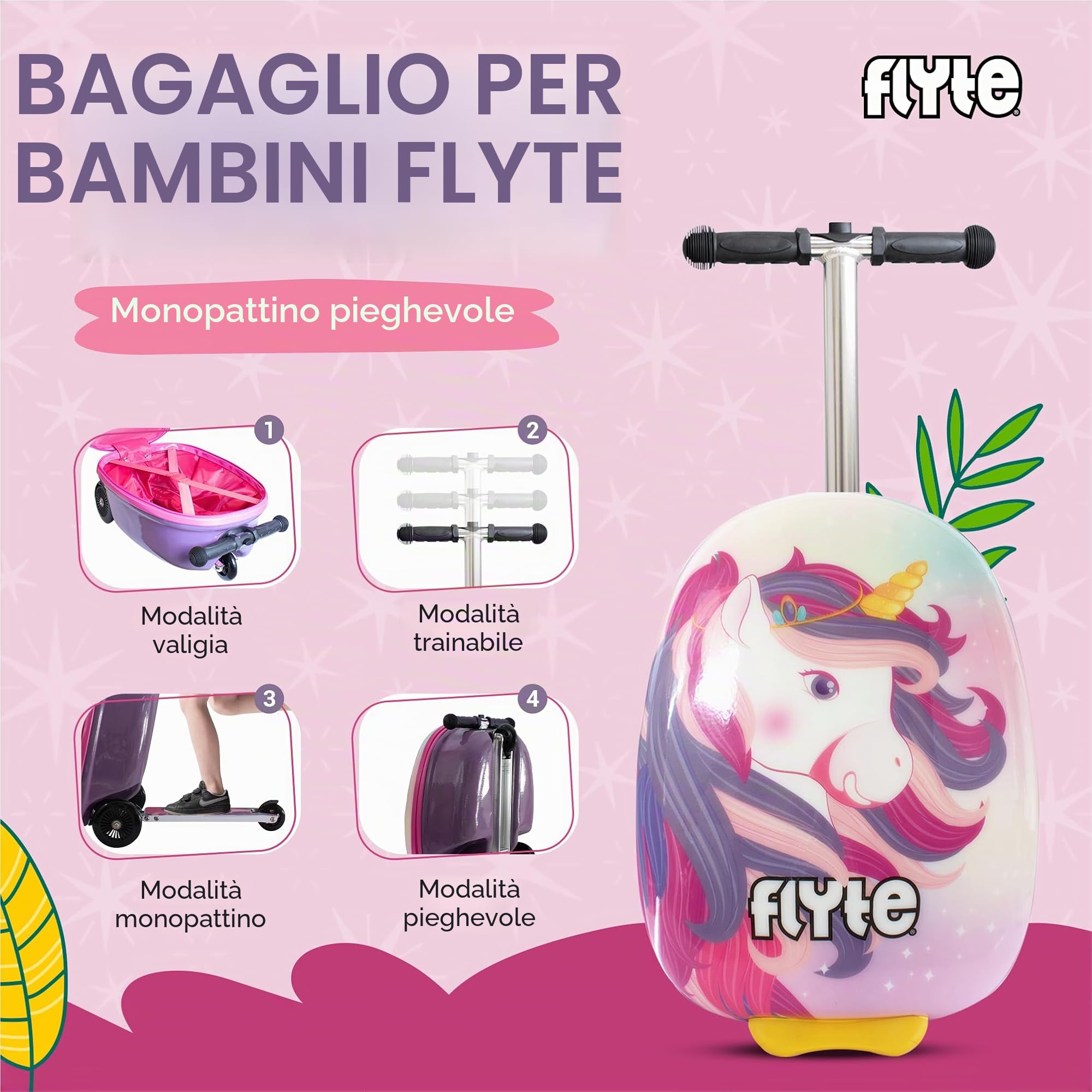 Flyte, valigia pieghevole monopattino per bambini, rigida, con ruote, 2 in 1, 18 pollici (45,7 cm), capacità 25 litri, Luna l'Unicorno