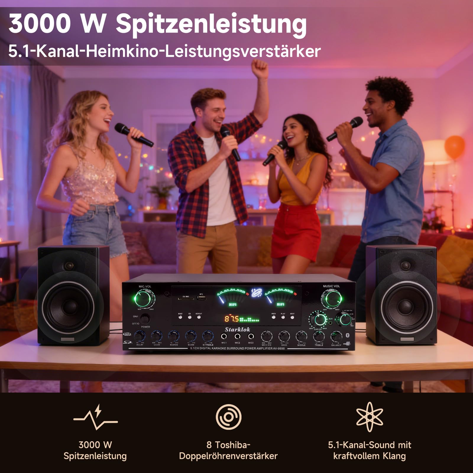 Amplificatore HiFi stereo 5.1 canali da 3000W di picco, amplificatore per home theater con subwoofer, Bluetooth 5.0, riproduzione USB/SD, TRE ingressi microfonici