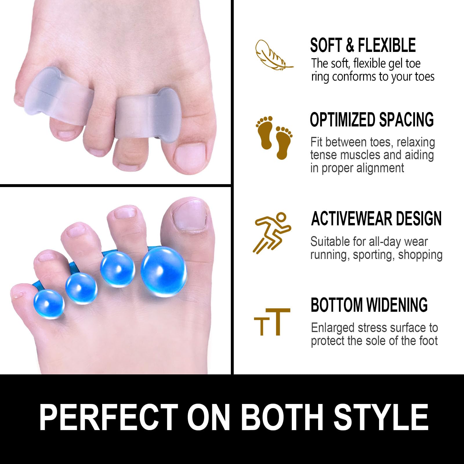 Separadores de dedos y estirador, espaciadores de dedos de gel, corrigen los juanetes y restauran los dedos de los pies a su forma original, para hombres y mujeres, paquete de 3 (1 par