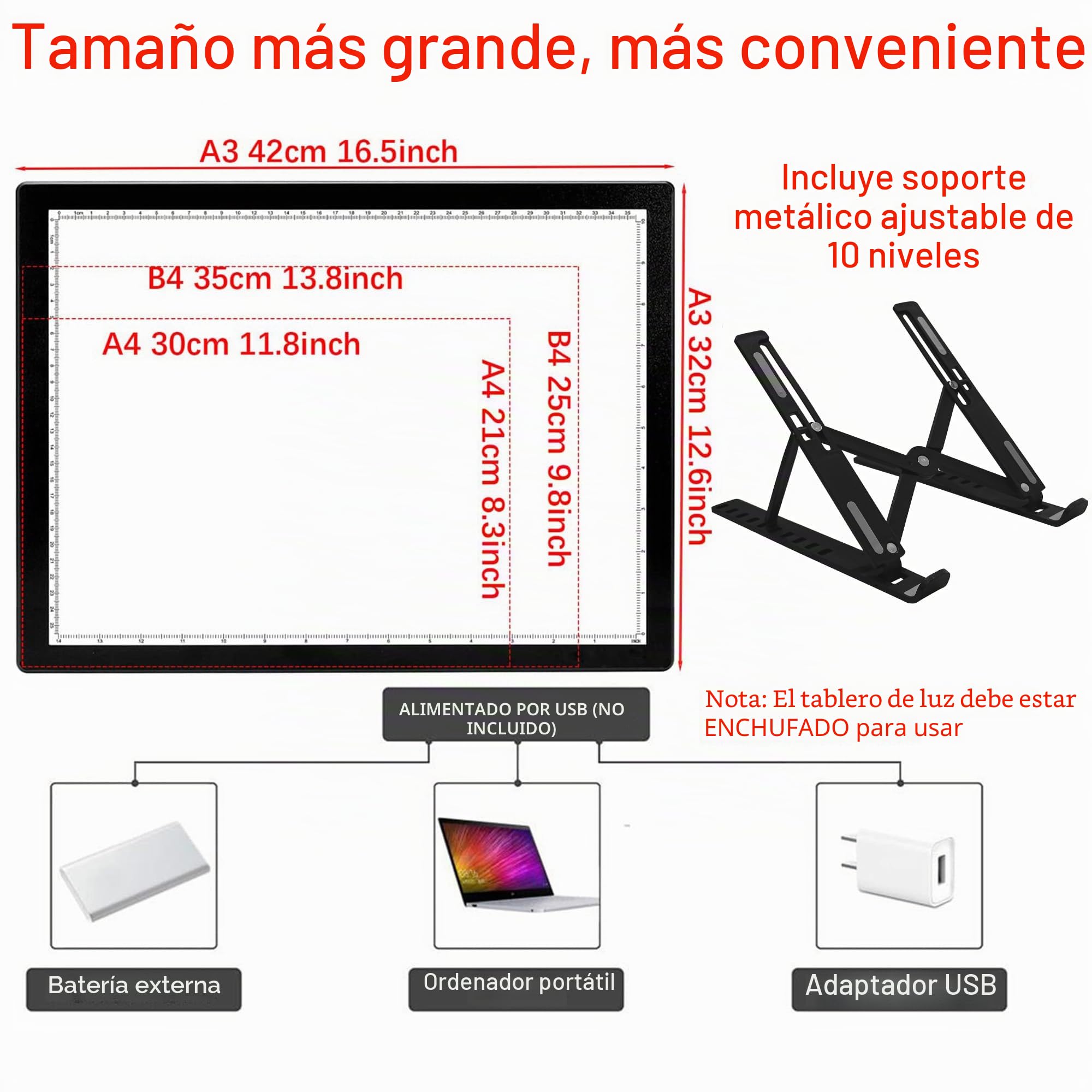 A3 Mesa de Luz con Soporte - Caja de Luz LED para Pintura de Diamantes, 10 Niveles de Brillo, Mesa de Dibujo, Proyector de Dibujos - Ligera y Duradera (42 x 32 cm)