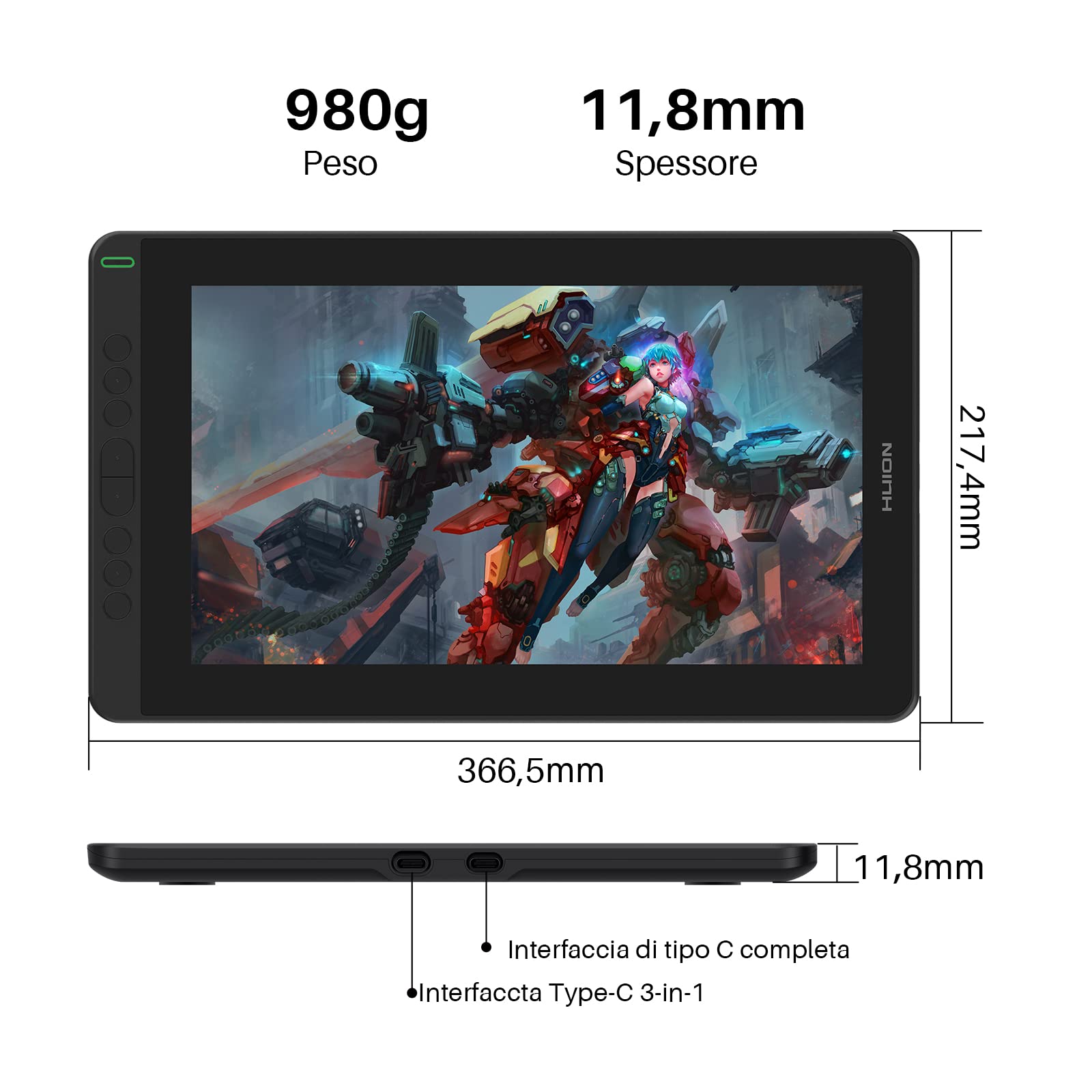 HUION Kamvas 13 Tavoletta Grafica con Schermo Compatibile con Android, Funzione di Inclinazione di ±60° Stilo Senza Batteria, 8 Tasti di Scelta Rapida, Supporto Regolabile - 13,3 Pollici (Nero)