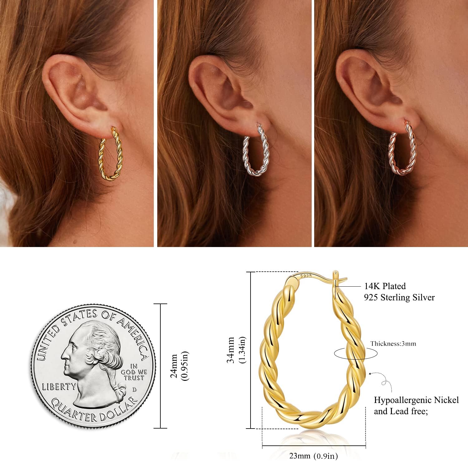 14K Gold Plated Oval Hoop Earrings for Women 925 Sterling Silver Post Twist Huggie Hoop Earrings Hypoallergenic Lightweight Hoop Earrings Jewelry Gifts - Image 5