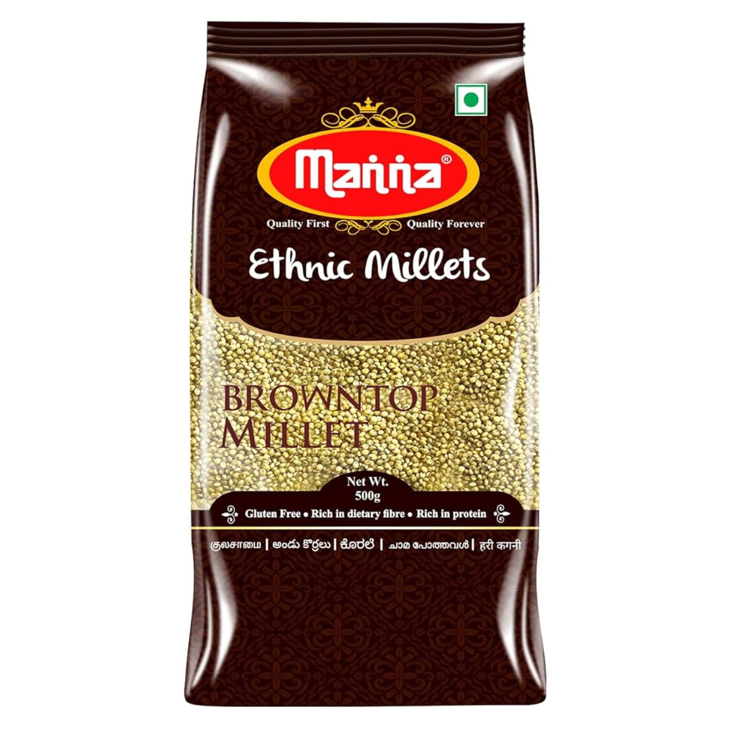Manna Browntop Millet 1kg Unpolished, Certified Low GI, Glycemic Index value 21 Chotti Kangni/Andu Korralu/Korale, 20% more protein & 100% more Fibre than white rice. Natural Grains
