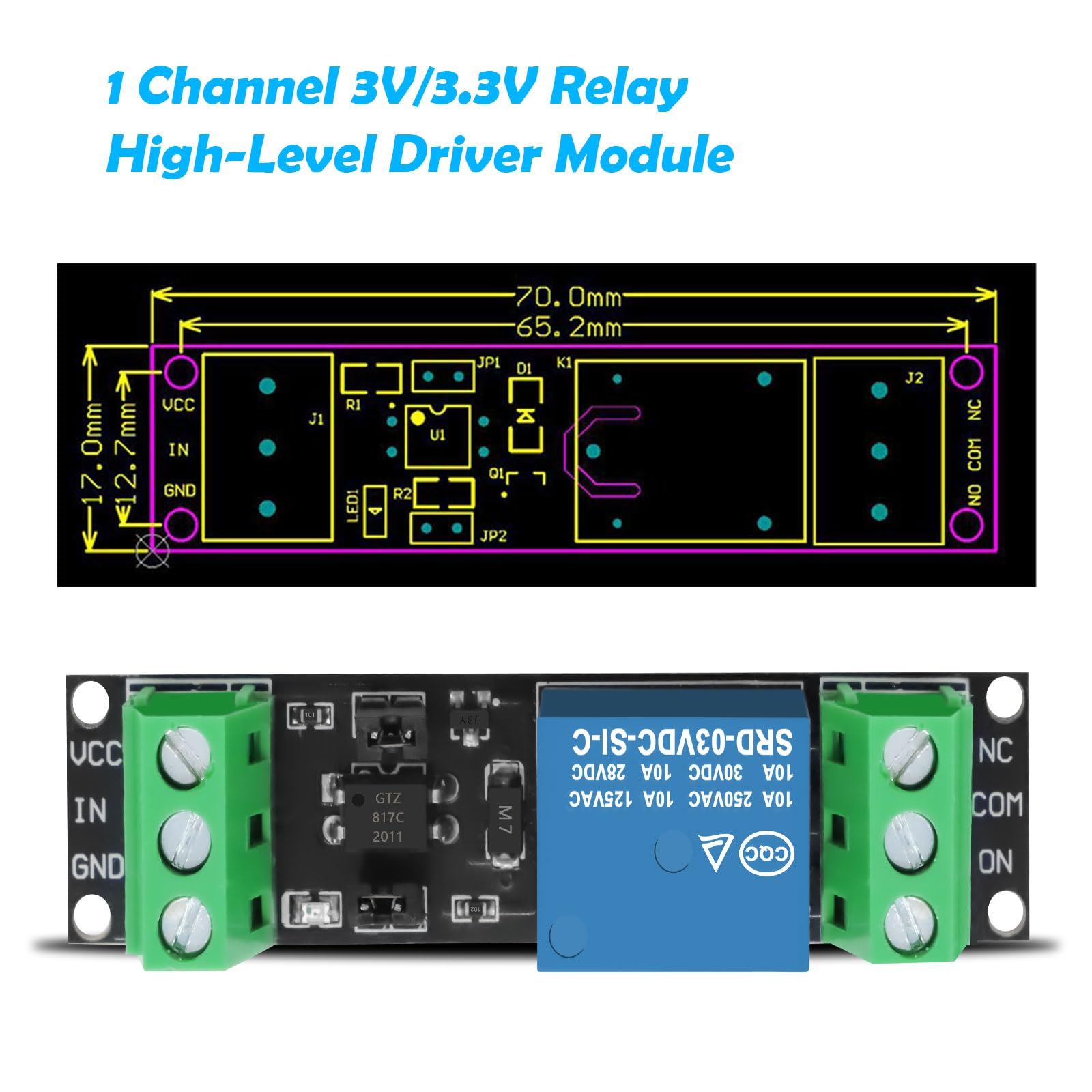 Module Relais 1 Canal 3V/3.3V Optocoupleur Haut Niveau – Idéal Arduino Raspberry Pi – 10A 250VAC/30VDC