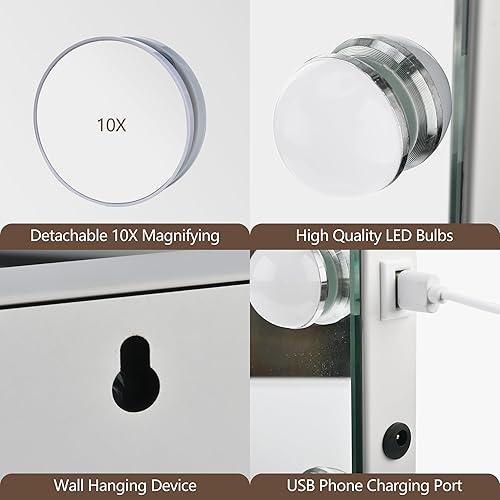 Miniatura 6 de Hollywood Espejo de tocador con luces, 17 bombillas LED regulables, espejo de maquillaje iluminado de 3 colores con espejo de aumento desmontable de