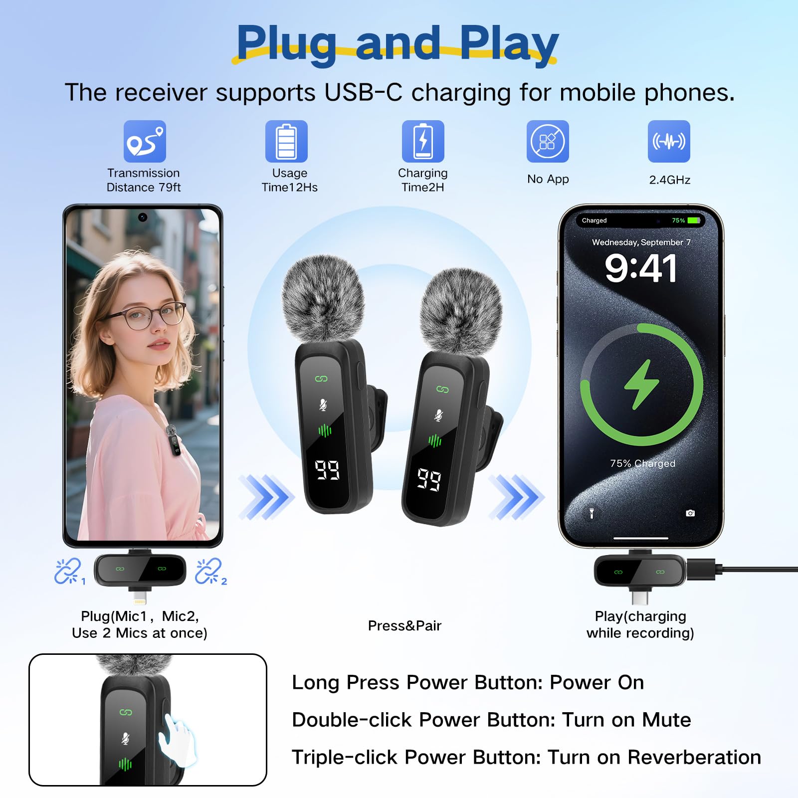 Content Creator Starter Kit, iPhone / Android Vlogging Kit, 180 cm Smartphone Treppiede con 2 luci di riempimento e microfono wireless, Selfie Starter Kit