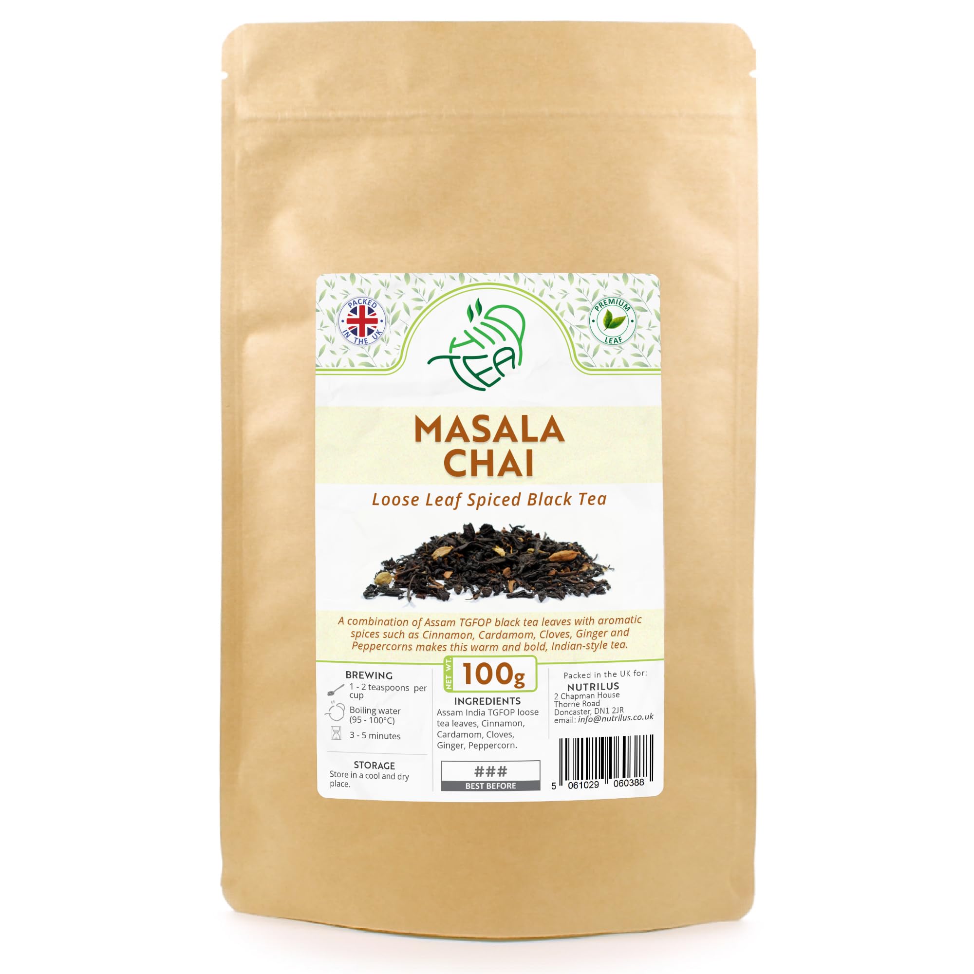 Masala Chai Premium Assam Black Tea With Spices - Cardamom & Cinnamon & Cloves & Ginger & Peppercorn (100g)