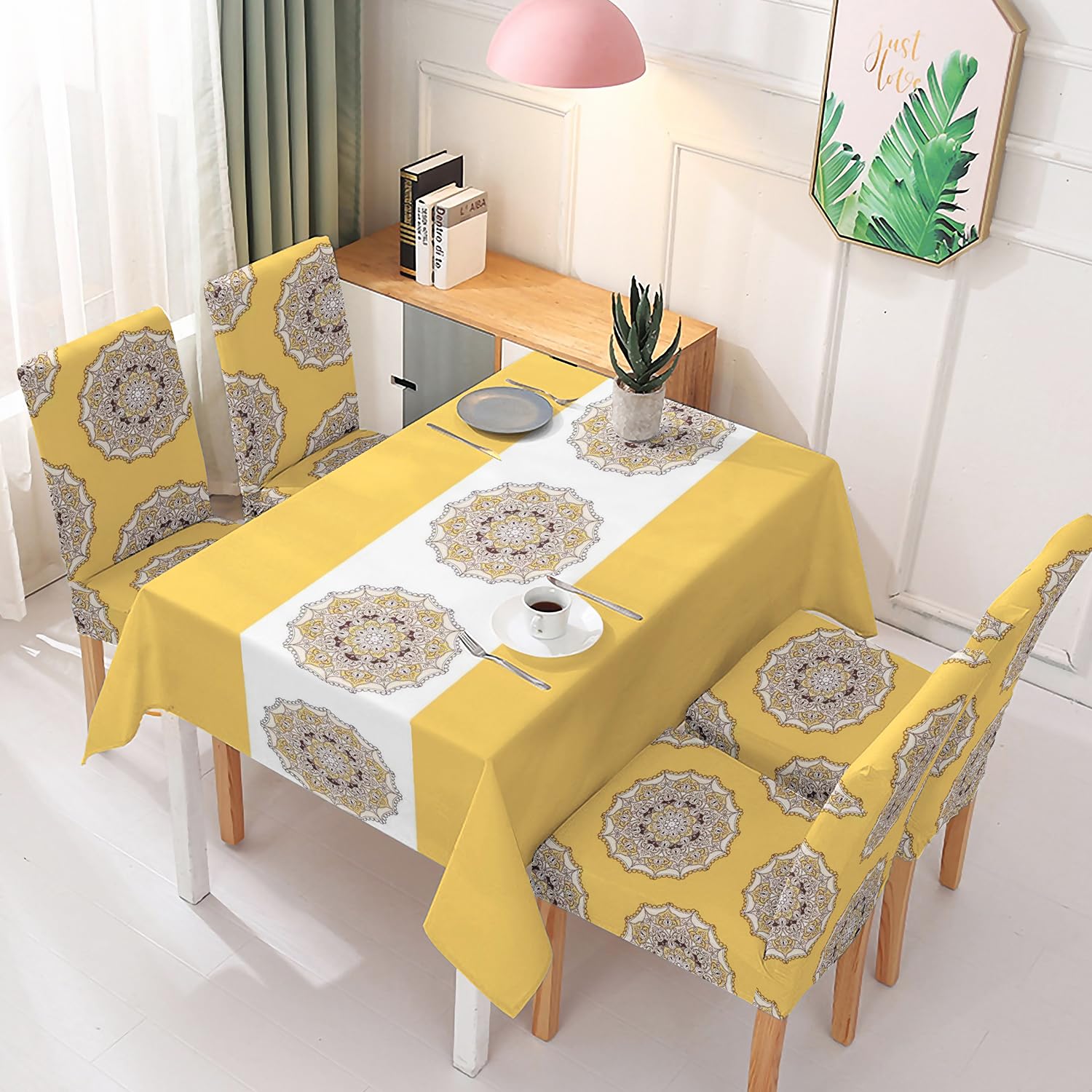 HOKIPO Polyester Chair Cover Set Of 4 With Matching Table Cover (Ar-5186-D8, Rectangular, Yellow)-image-47