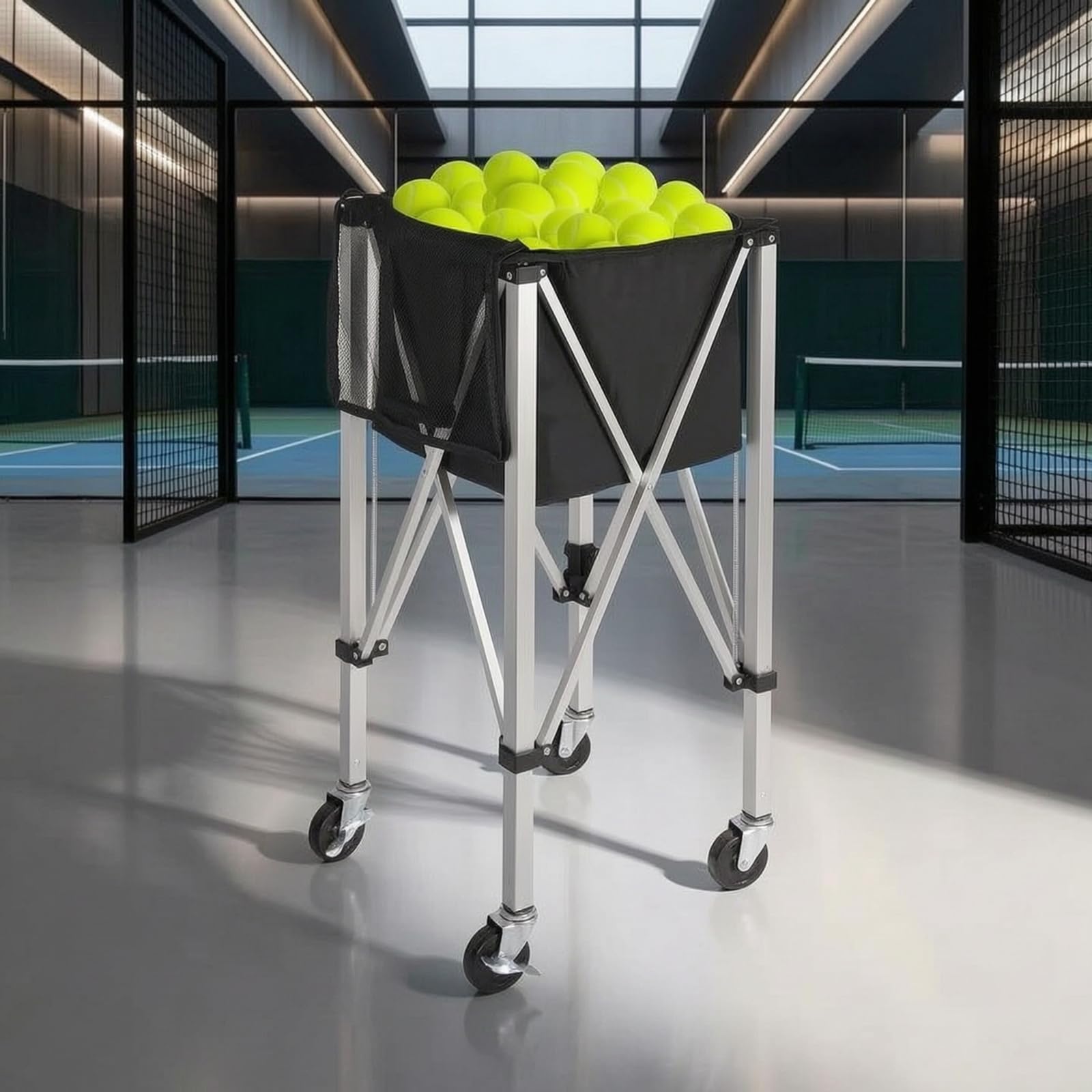 Perfeclan Carro de Pelotas de Tenis Carro Canasta Soporte Cesta con Ruedas con Cesto Textil Resistente y Bastidor Cruzado Plegable Adecuado para Ejercicios de Recogida y Distribución de Pelotas