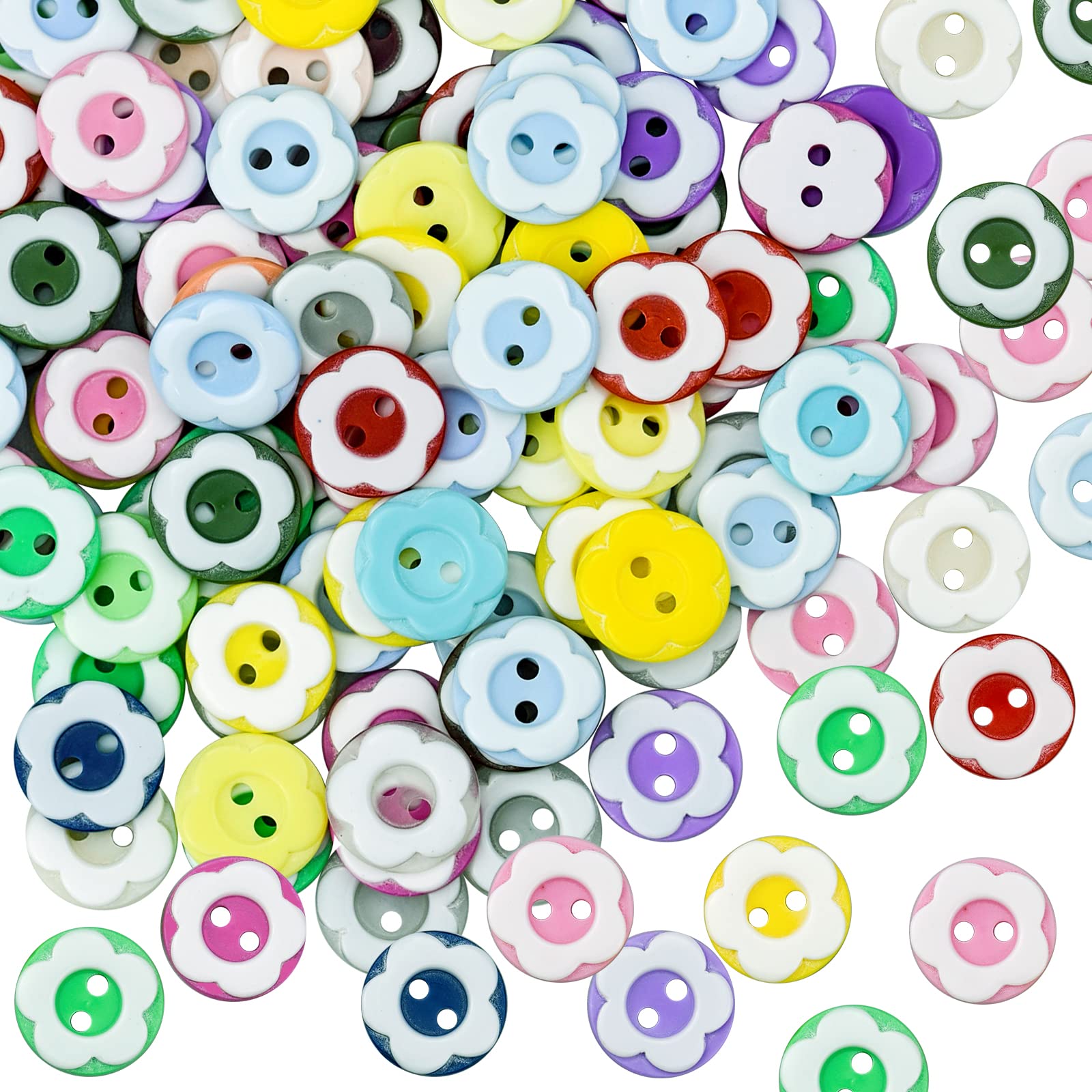 100 Pieces Resin Small Flower Buttons, 2 Hole Plastic Craft Double Flower Buttons for Childern Sewing Baby Cardigans Knitting Crafting