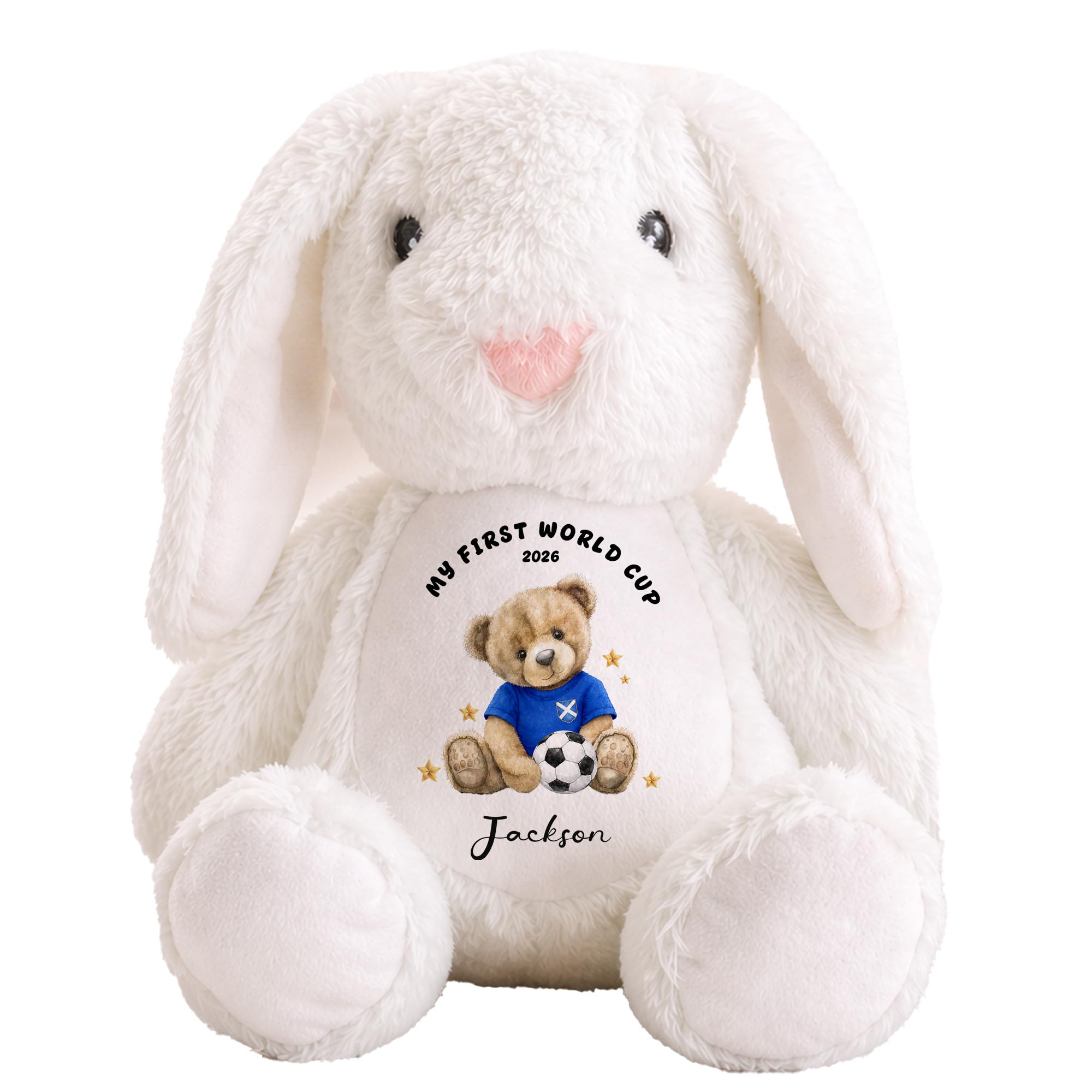 Personalised Scotland Bunny Teddy – Custom Name Baby Plush Toy Football Bear Design First World Cup 2026 Keepsake Gift