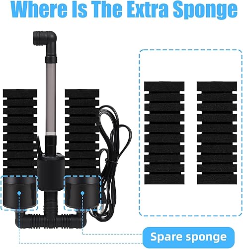 Miniatura 3 de AQUANEAT Filtro de esponja eléctrica para acuario para pecera, con bomba, con 2 esponjas adicionales, grande de hasta 55 galones