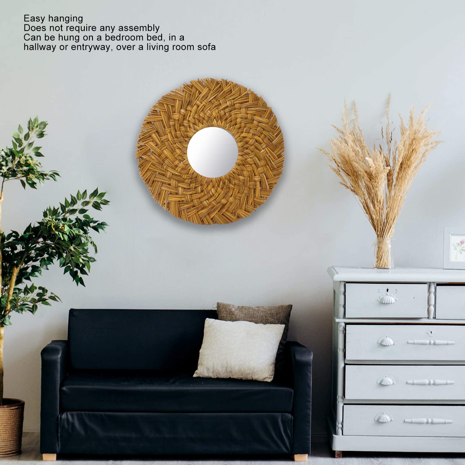 Miroir Mural Rond De Style Rustique Avec Corde De Paille Et Perles En Bois, 38,1 à 17,8 Cm (doré