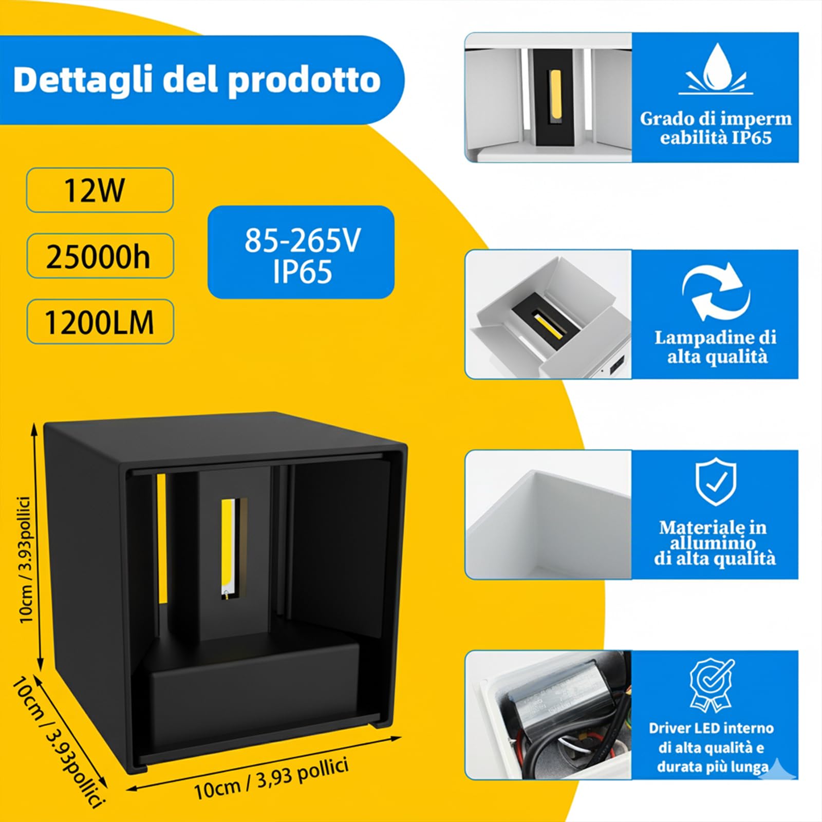 Voltix 2 Pezzi Applique da Parete LED per Esterno e Interno, Lampada da Parete Moderna Nero 12W, IP65 Impermeabile, Fascio Luminoso Regolabile, Design Cubo Quadrato per Muro (3000K – Luce Calda)