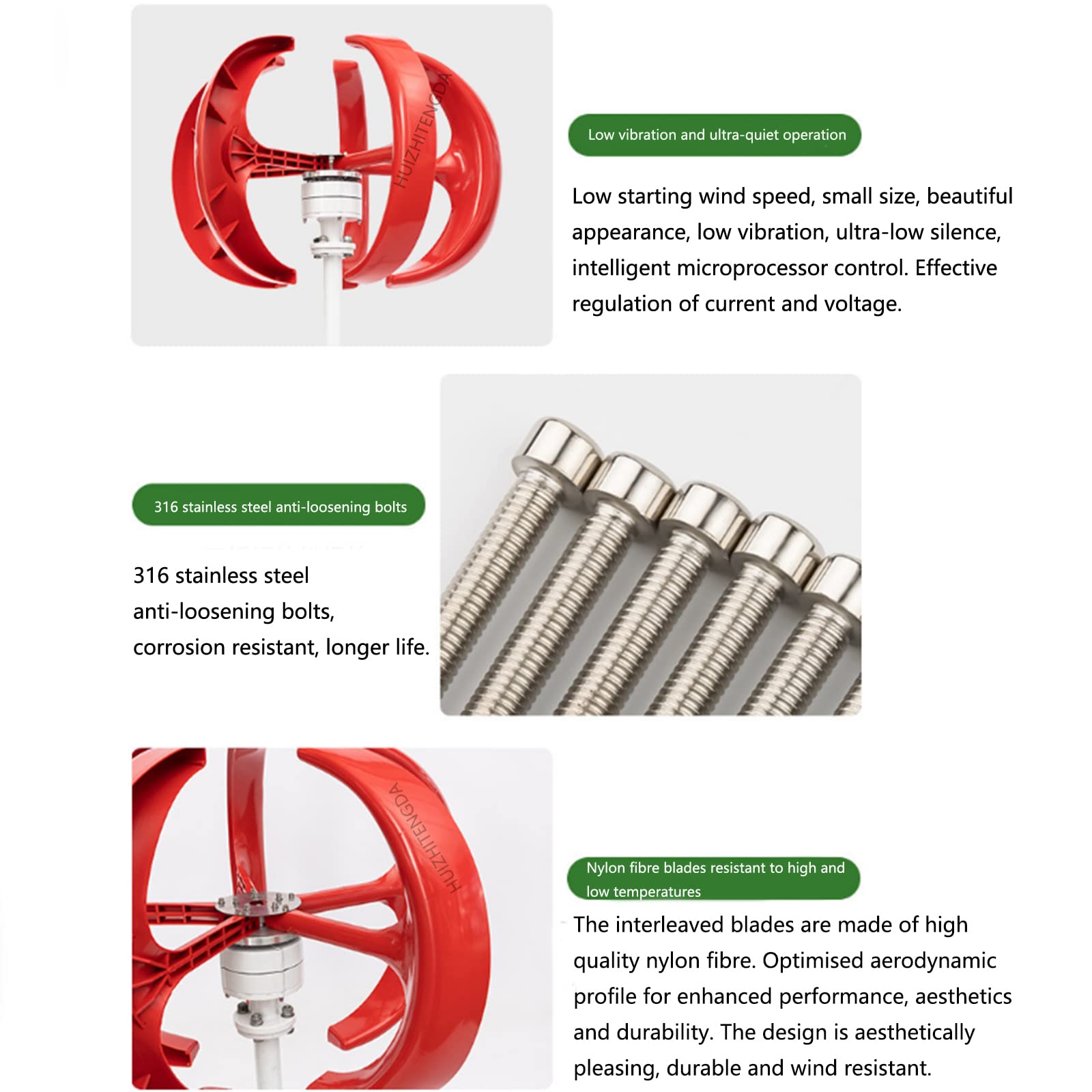 Generatore di Turbine Eoliche da 200W 12V 24V, Generatore di Turbina A Magneti Permanente Verticale Rosso con Controller MPPT per Giardini da Esterno (5 Lame)