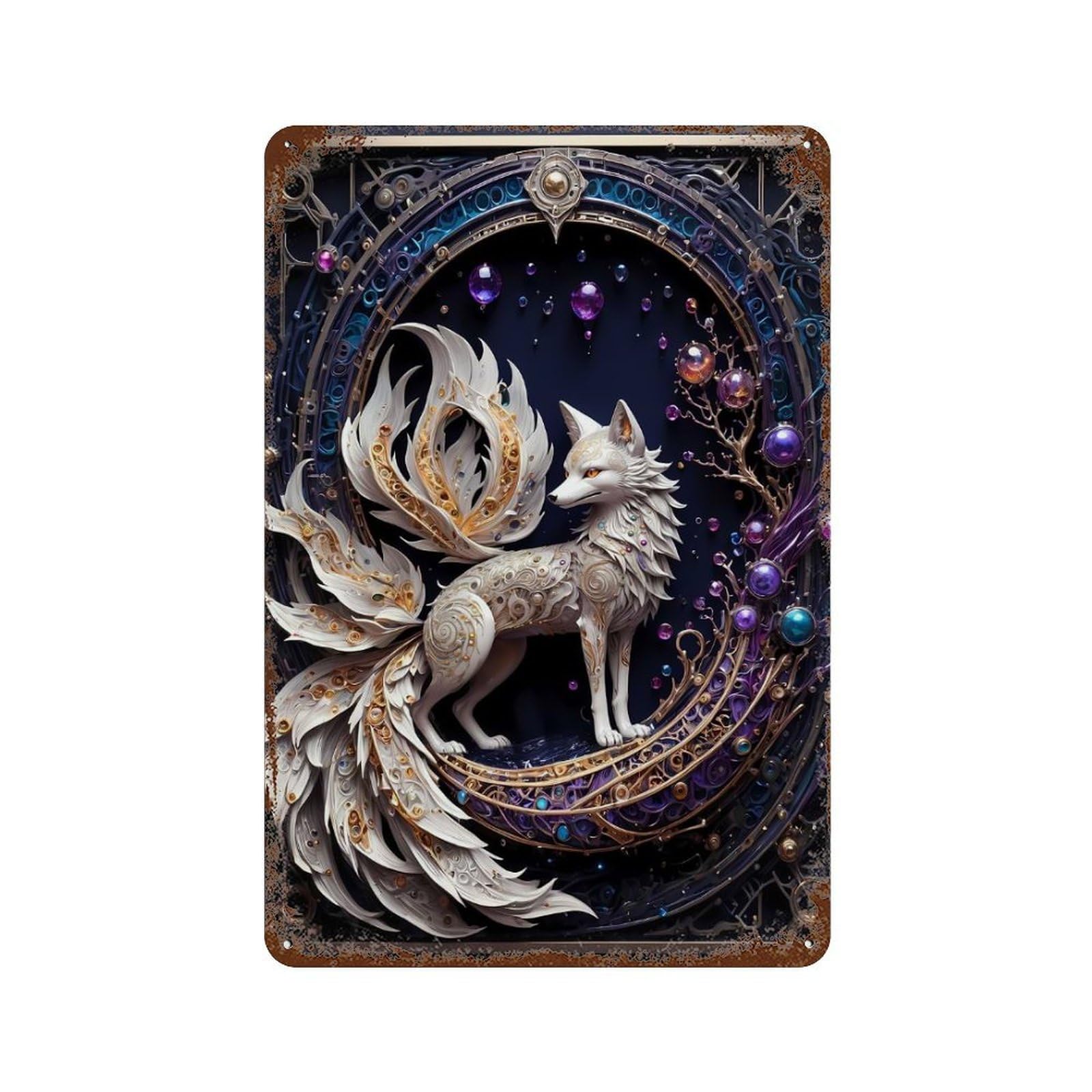 Garage Style Fantasy Nine Tailed Fox Distressed Metal Wall Sign 11.8"x7.9", Shabby Chic Decor for Bar And Workshop