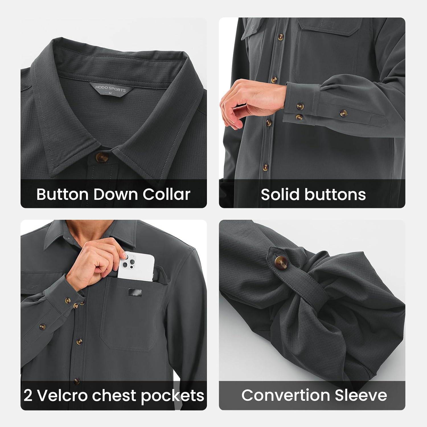 HODOSPORTS Men's UPF 50+ UV Sun Protection Shirt Quick Dry Button Down Fishing Shirts Long Sleeve for Hiking Fishing White