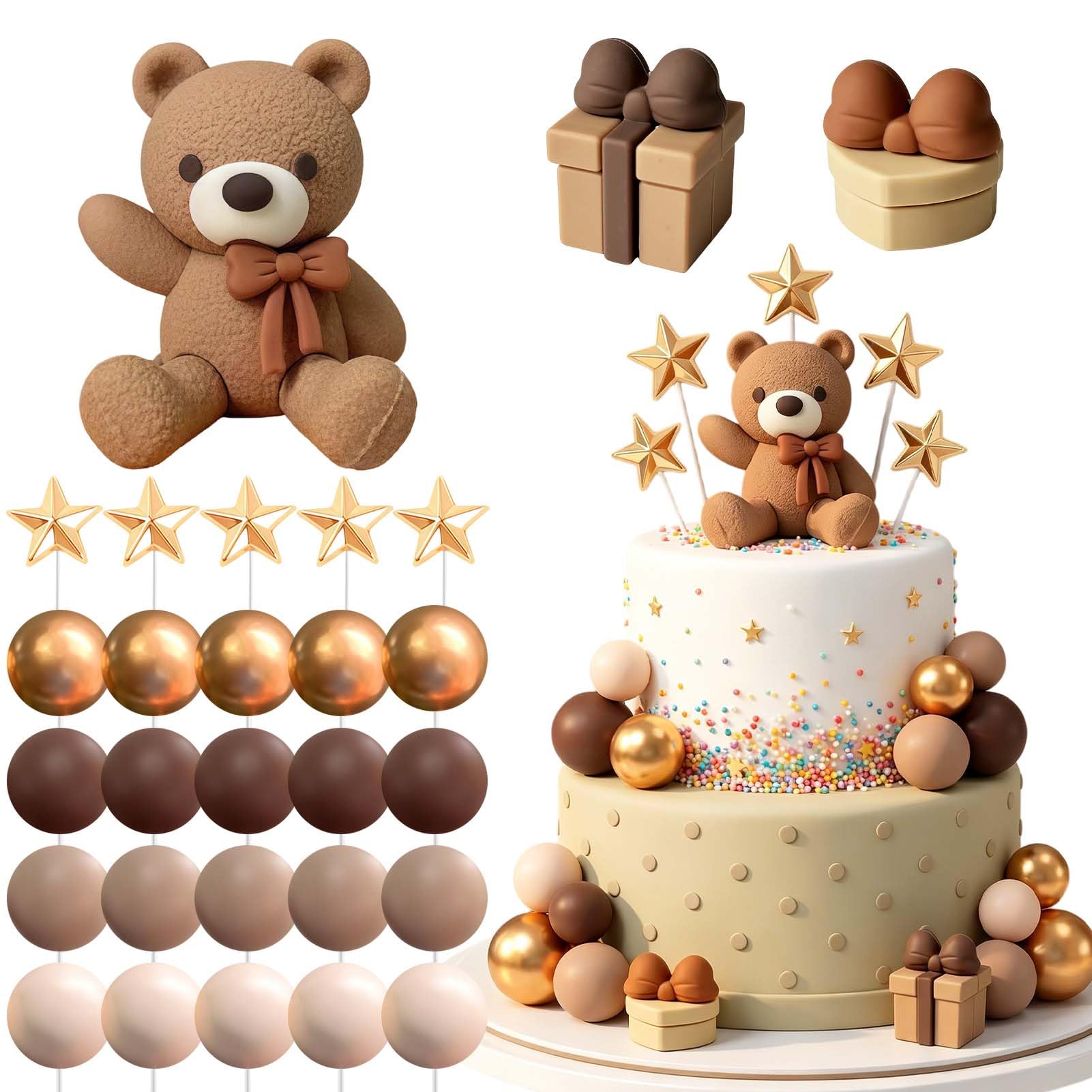 Bear Cake Decoration-27PCS Teddy Bear Cake Topper Beige Brown Balls Cake Topper Baby Shower Birthday Cake Decorations