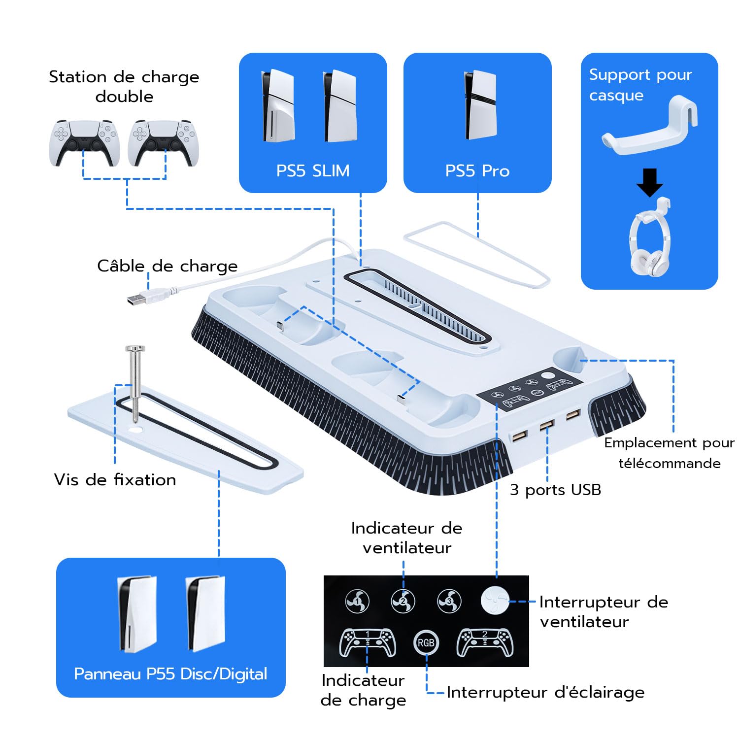Wigearss PS5/PS5 Slim/PS5 Pro Ventilateur Station de Refroidissement, Support de Charge Vertical avec Chargeur Double pour Manettes, Lumière LED et 3 Hubs USB