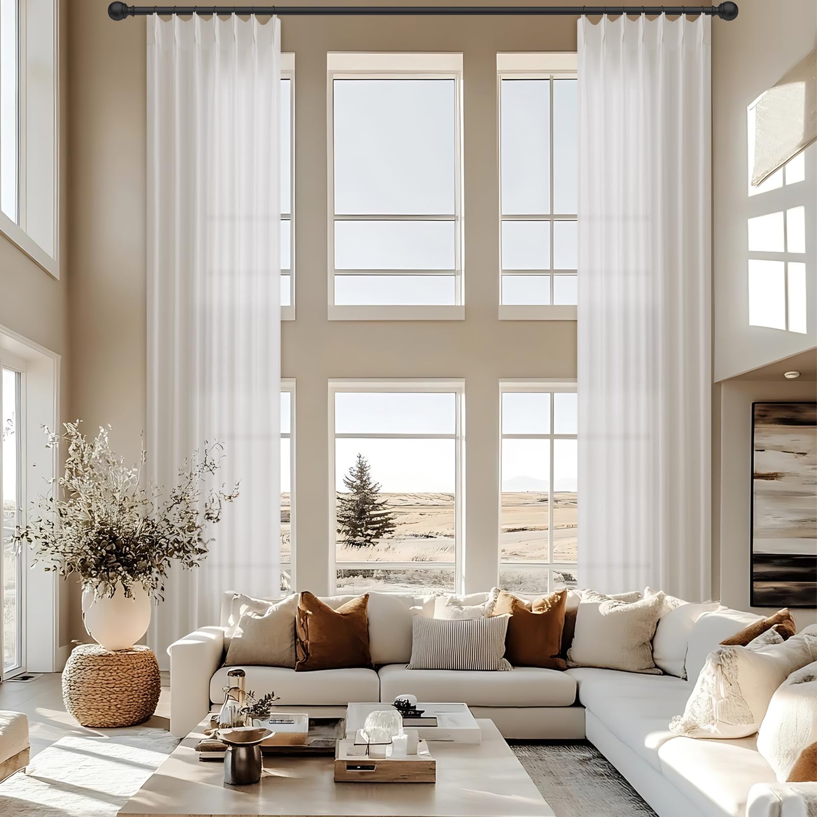 Extra Long Pinch Pleated Natural Cream Linen Curtains 156 Inches Long for Living Room High Ceiling Bedroom Light Filtering Semi Sheer Pinch Pleat