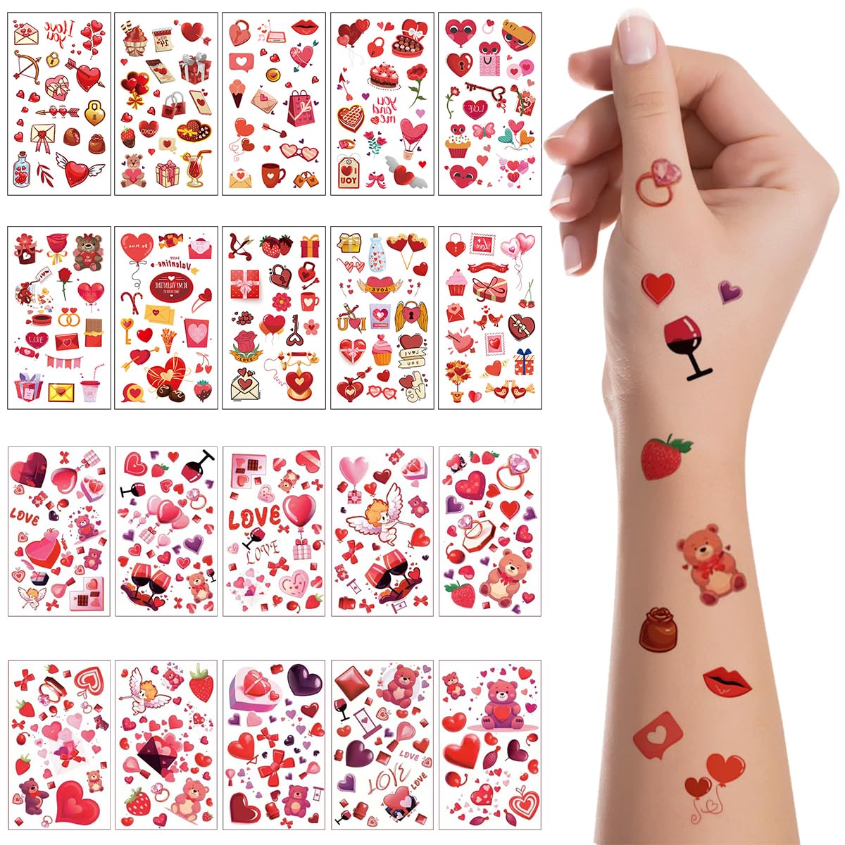VYAOCJL Valentine's Day Temporary Tattoo Stickers, 20 Pink Love Designs, Waterproof, All Ages