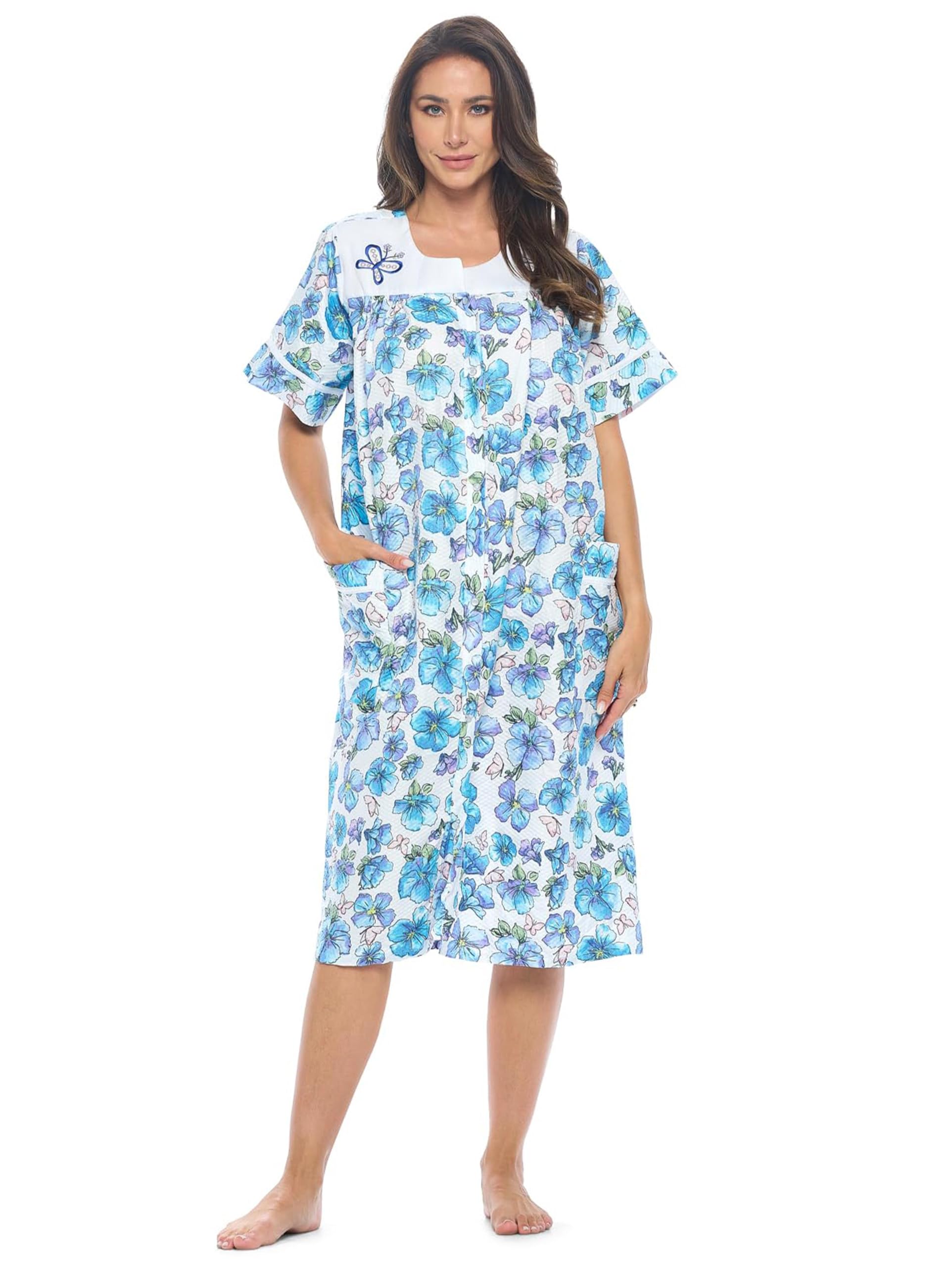Casual Nights Women's Snap - Front House Dress Short Sleeve Woven Housecoat Duster Lounger Robe with Pockets