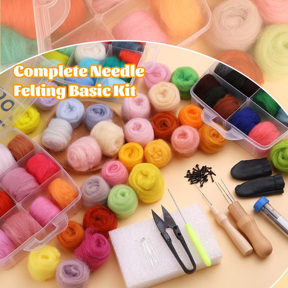 Kit de fieltro de aguja, 72 colores de lana de fieltro, kit de iniciación de fieltro con agujas de fieltro, fibra de lana, material giratorio a mano para principiantes