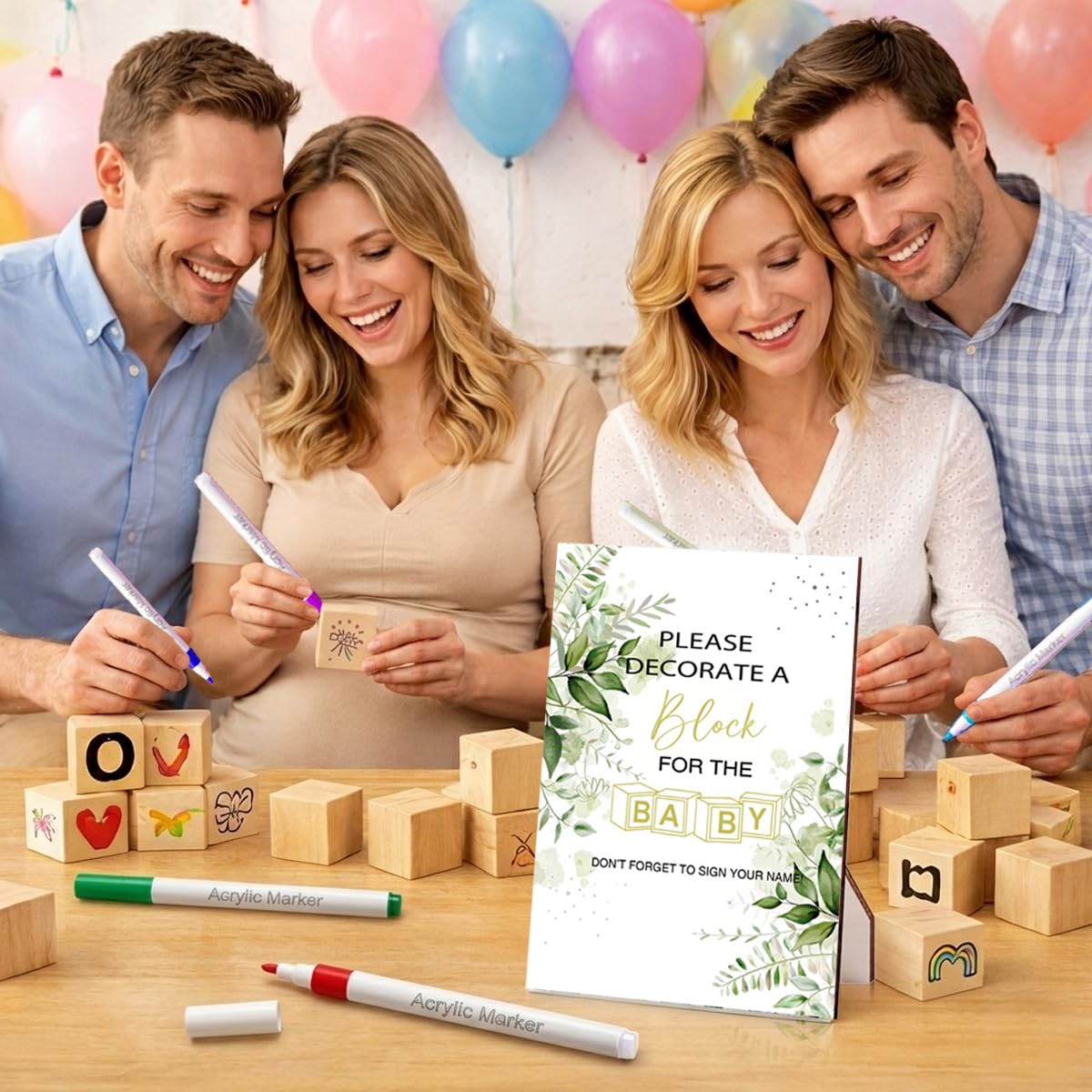 81 szt. Drewniany zestaw do zabawy dla dzieci z akrylowym pudełkiem, markerami, złotymi naklejkami i szablonami - Baby Shower, prezent dla noworodka chłopca i dziewczynki