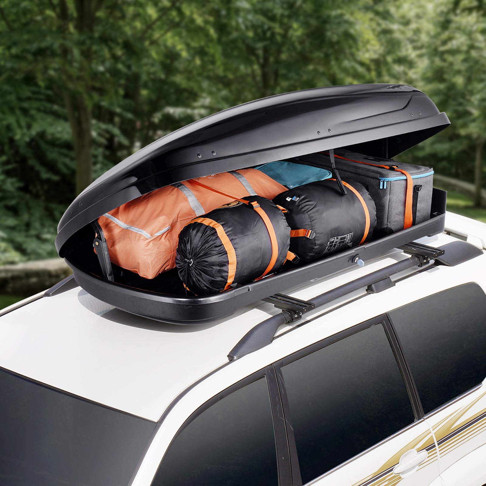 VEVOR Cofre de Techo 370 L Portaequipajes de Techo Rígido de ABS con Apertura de Doble Cara 2 Correas Reforzadas Aerodinámico Maletero Techo Coche para la Mayoría de Travesaños, Coche, SUV, Negro